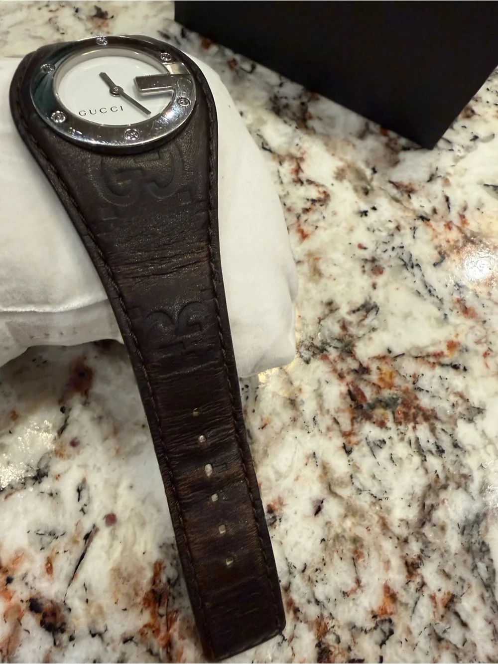 Gucci Women's Dark Brown Leather Strap Watch with Silver-Tone Bezel